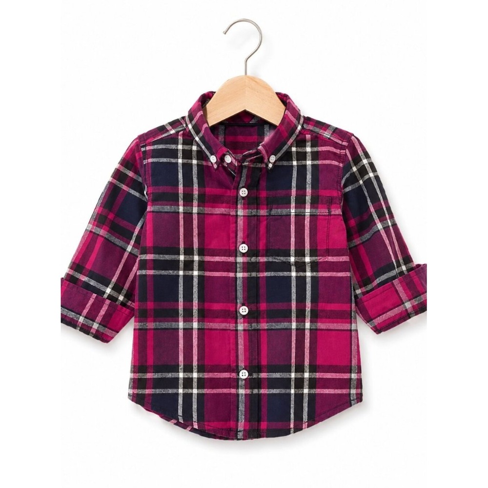 Gymboree Boys Shirt Size 18-24 Mo Fuchsia Plaid Holiday Gems Button Up Front NEW